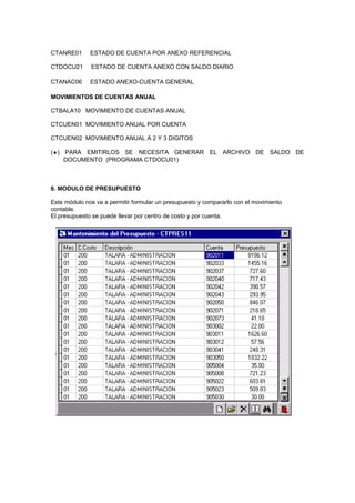 CTANRE01 ESTADO DE CUENTA POR ANEXO REFERENCIAL
CTDOCU21 ESTADO DE CUENTA ANEXO CON SALDO DIARIO
CTANAC06 ESTADO ANEXO-CUENTA GENERAL
MOVIMIENTOS DE CUENTAS ANUAL
CTBALA10 MOVIMIENTO DE CUENTAS ANUAL
CTCUEN01 MOVIMIENTO ANUAL POR CUENTA
CTCUEN02 MOVIMIENTO ANUAL A 2 Y 3 DIGITOS
(♦) PARA EMITIRLOS SE NECESITA GENERAR EL ARCHIVO DE SALDO DE
DOCUMENTO (PROGRAMA CTDOCU01)
6. MODULO DE PRESUPUESTO
Este módulo nos va a permitir formular un presupuesto y compararlo con el movimiento
contable.
El presupuesto se puede llevar por centro de costo y por cuenta.
 