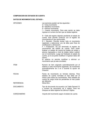 COMPOSICION DE ESTADOS DE CUENTA
DATOS DE MOVIMIENTO DEL ESTADO -
OPCIONES Las opciones pueden ser las siguientes :
C = Crea movimiento
M = Modifica movimiento
E = Elimina movimiento
I = Inserta movimiento. Para esta opción se debe
ingresar en numero de ítem que se desea registrar.
S = Salir del registro dejando pendiente el estado de
cuenta. Esto permite continuar con el registro de
movimientos en otra oportunidad.
R = Revisión. Permite revisar todo el movimiento
registrado y seleccionar uno de ellos para fines de
modificación o eliminación.
F = Finalización. Da por terminado el registro de
movimientos del estado de cuenta. Para poder
finalizar un estado de cuenta los totales de cargos y
abonos ingresados a nivel de totales deben cuadrar
con el movimiento. Luego de finalizado el estado de
cuenta, ya no se podrá modificar ni ingresar datos del
mismo.
El sistema no permite modificar o eliminar un
movimiento que ya este conciliado.
ITEM Numero de ítem asignado automáticamente por el
sistema a cada movimiento registrado. Se incrementa
automáticamente de 5 en 5 durante la opción de
Creación.
FECHA Fecha de movimiento en formato día/mes. Para
estados de cuenta normales el mes debe ser el
mismo para todos los movimientos. Para estados de
cuenta de carga inicial de pendientes el mes puede
ser diferente.
REFERENCIA Glosa libre.
DOCUMENTO Tipo de documento de acuerdo a la Tabla General 15
y numero de documento de 4 dígitos. Para los
cheques se debe registrar los últimos 4 dígitos.
CARGO/ABONO Importe del movimiento según el estado de cuenta.
 
