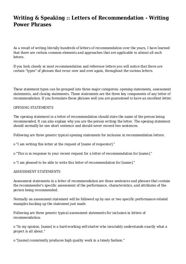 writing speaking letters of recommendation writing power phras how to begin a recommendation letter