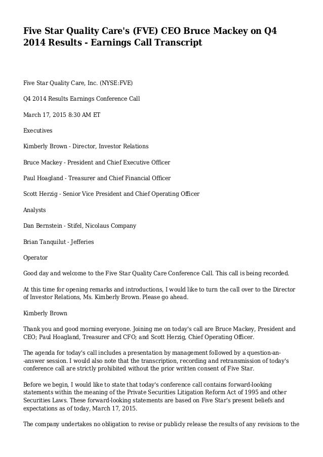 Five Star Quality Care�s (FVE) CEO Bruce Mackey on Q4 2014