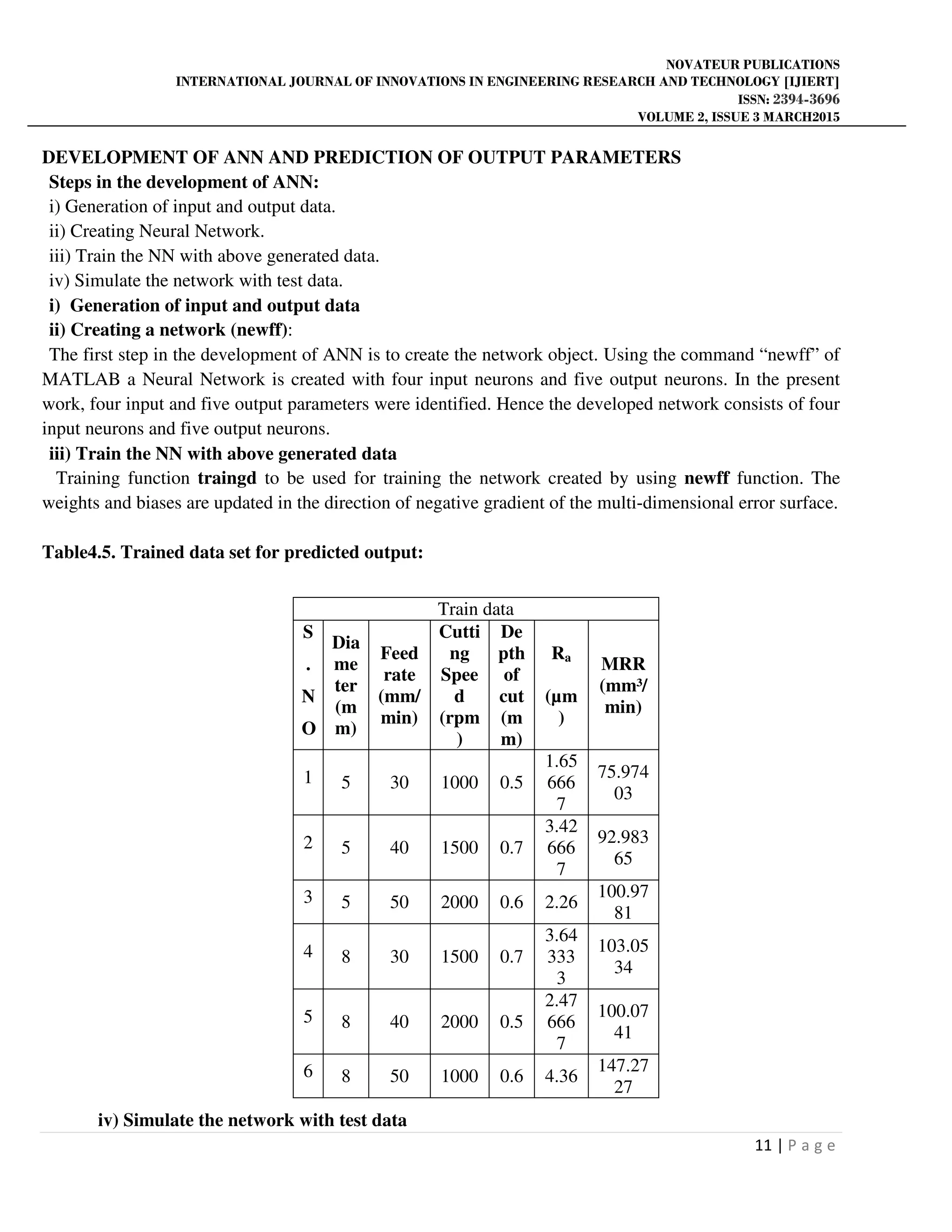 NOVATEUR PUBLICATIONS
INTERNATIONAL JOURNAL OF INNOVATIONS IN ENGINEERING RESEARCH AND TECHNOLOGY [IJIERT]
ISSN: 2394-3696
VOLUME 2, ISSUE 3 MARCH2015
11 | P a g e
DEVELOPMENT OF ANN AND PREDICTION OF OUTPUT PARAMETERS
Steps in the development of ANN:
i) Generation of input and output data.
ii) Creating Neural Network.
iii) Train the NN with above generated data.
iv) Simulate the network with test data.
i) Generation of input and output data
ii) Creating a network (newff):
The first step in the development of ANN is to create the network object. Using the command “newff” of
MATLAB a Neural Network is created with four input neurons and five output neurons. In the present
work, four input and five output parameters were identified. Hence the developed network consists of four
input neurons and five output neurons.
iii) Train the NN with above generated data
Training function traingd to be used for training the network created by using newff function. The
weights and biases are updated in the direction of negative gradient of the multi-dimensional error surface.
Table4.5. Trained data set for predicted output:
iv) Simulate the network with test data
Train data
S
.
N
O
Dia
me
ter
(m
m)
Feed
rate
(mm/
min)
Cutti
ng
Spee
d
(rpm
)
De
pth
of
cut
(m
m)
Ra
(µm
)
MRR
(mm³/
min)
1 5 30 1000 0.5
1.65
666
7
75.974
03
2 5 40 1500 0.7
3.42
666
7
92.983
65
3 5 50 2000 0.6 2.26
100.97
81
4 8 30 1500 0.7
3.64
333
3
103.05
34
5 8 40 2000 0.5
2.47
666
7
100.07
41
6 8 50 1000 0.6 4.36
147.27
27
 