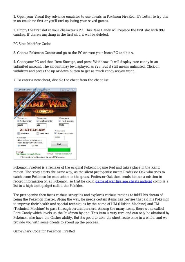 Cheats for Pokemon FireRed Rare Candy