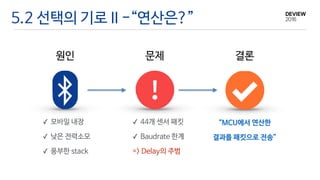 원인
5.2 선택의 기로 II -“연산은?”
✓ 모바일 내장

✓ 낮은 전력소모

✓ 풍부한 stack
문제
✓ 44개 센서 패킷

✓ Baudrate 한계

=> Delay의 주범
결론
“MCU에서 연산한

결과를 패킷으로 전송”
 