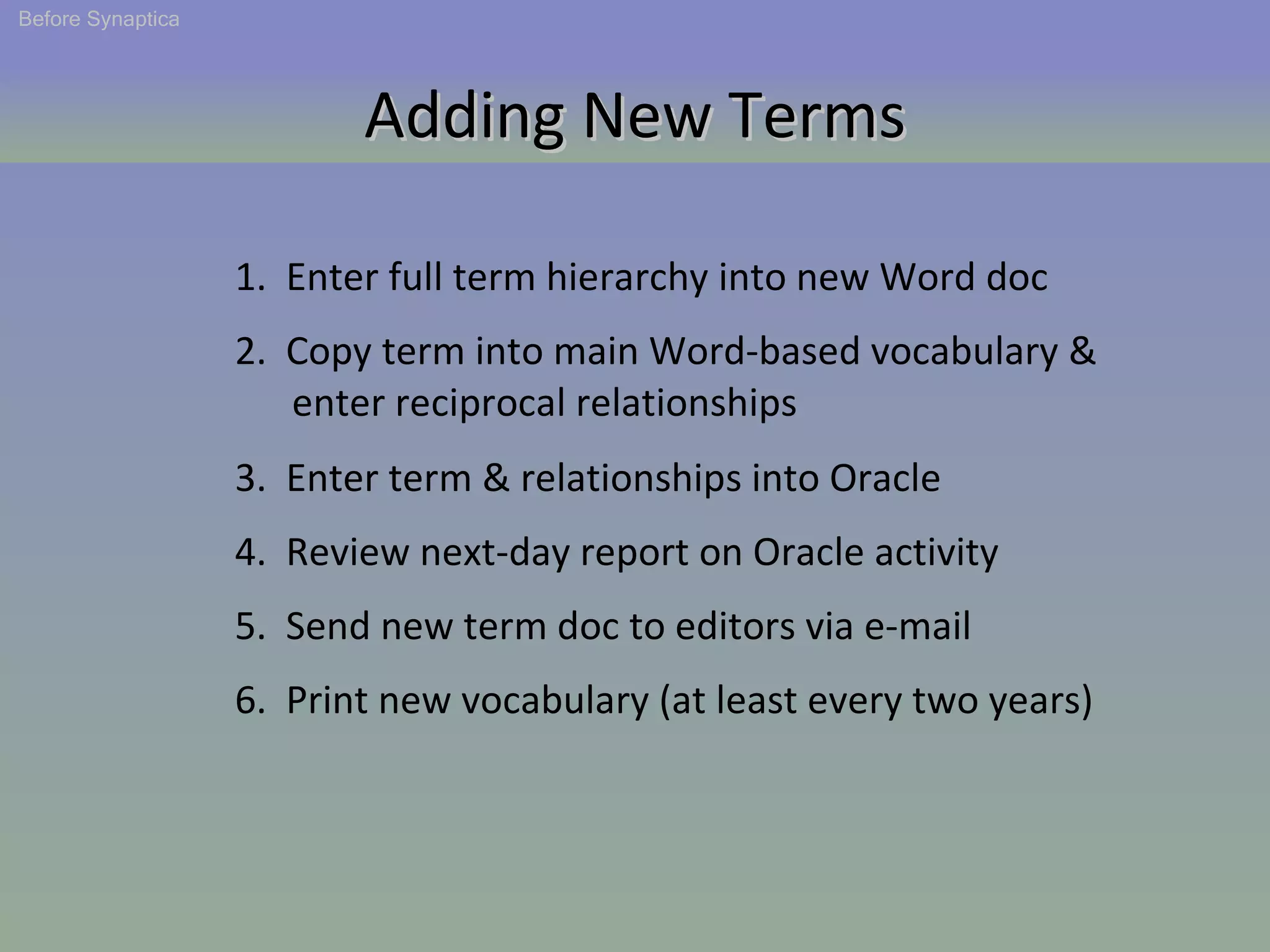 Adding New Terms 1.  Enter full term hierarchy into new Word doc 2.  Copy term into main Word-based vocabulary &  enter reciprocal relationships 3.  Enter term & relationships into Oracle 4.  Review next-day report on Oracle activity 5.  Send new term doc to editors via e-mail 6.  Print new vocabulary (at least every two years) Before Synaptica 