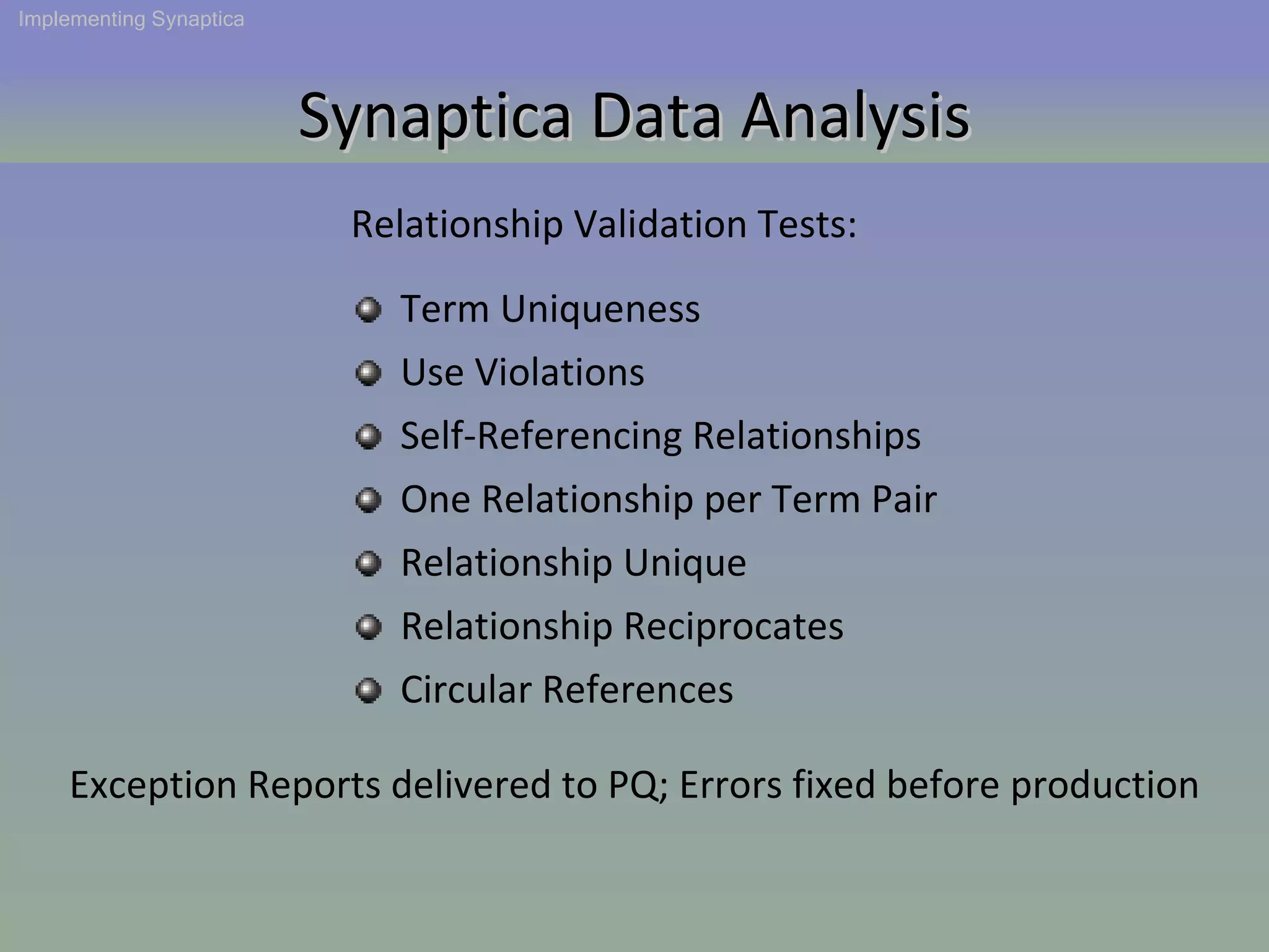 Synaptica Data Analysis Term Uniqueness Use Violations Self-Referencing Relationships One Relationship per Term Pair Relationship Unique Circular References Relationship Reciprocates Relationship Validation Tests: Exception Reports delivered to PQ; Errors fixed before production Implementing Synaptica 