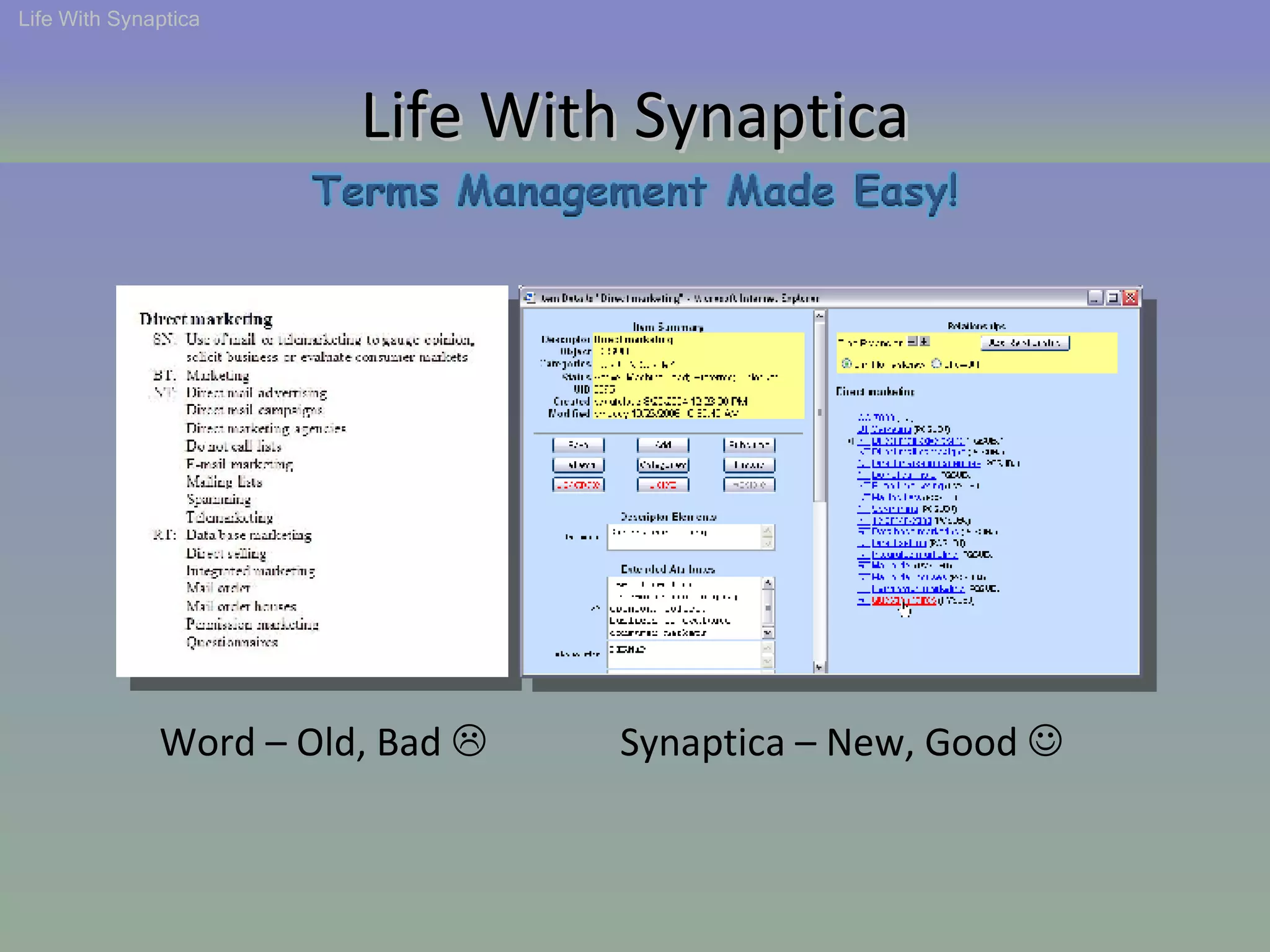 Life With Synaptica Word – Old, Bad   Synaptica – New, Good   Life With Synaptica 