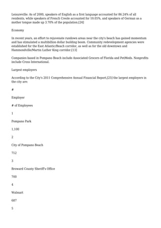 Leisureville: As of 2000, speakers of English as a first language accounted for 86.24% of all
residents, while speakers of French Creole accounted for 10.05%, and speakers of German as a
mother tongue made up 3.70% of the population.[24]
Economy
In recent years, an effort to rejuvenate rundown areas near the city's beach has gained momentum
and has stimulated a multibillion dollar building boom. Community redevelopment agencies were
established for the East Atlantic/Beach corridor, as well as for the old downtown and
Hammondville/Martin Luther King corridor.[13]
Companies based in Pompano Beach include Associated Grocers of Florida and PetMeds. Nonprofits
include Cross International.
Largest employers
According to the City's 2011 Comprehensive Annual Financial Report,[25] the largest employers in
the city are:
#
Employer
# of Employees
1
Pompano Park
1,100
2
City of Pompano Beach
712
3
Broward County Sheriff's Office
700
4
Walmart
687
5
 