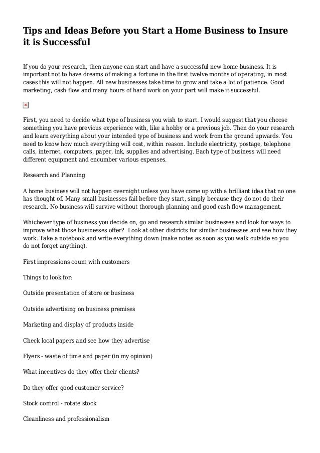 tips and ideas before you start a home business to insure it is succe