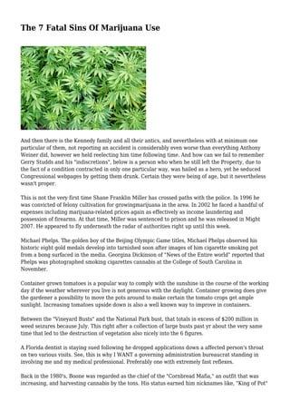 The 7 Fatal Sins Of Marijuana Use
And then there is the Kennedy family and all their antics, and nevertheless with at minimum one
particular of them, not reporting an accident is considerably even worse than everything Anthony
Weiner did, however we held reelecting him time following time. And how can we fail to remember
Gerry Studds and his "indiscretions", below is a person who when he still left the Property, due to
the fact of a condition contracted in only one particular way, was hailed as a hero, yet he seduced
Congressional webpages by getting them drunk. Certain they were being of age, but it nevertheless
wasn't proper.
This is not the very first time Shane Franklin Miller has crossed paths with the police. In 1996 he
was convicted of felony cultivation for growingmarijuana in the area. In 2002 he faced a handful of
expenses including marijuana-related prices again as effectively as income laundering and
possession of firearms. At that time, Miller was sentenced to prison and he was released in Might
2007. He appeared to fly underneath the radar of authorities right up until this week.
Michael Phelps. The golden boy of the Beijing Olympic Game titles, Michael Phelps observed his
historic eight gold medals develop into tarnished soon after images of him cigarette smoking pot
from a bong surfaced in the media. Georgina Dickinson of "News of the Entire world" reported that
Phelps was photographed smoking cigarettes cannabis at the College of South Carolina in
November.
Container grown tomatoes is a popular way to comply with the sunshine in the course of the working
day if the weather wherever you live is not generous with the daylight. Container growing does give
the gardener a possibility to move the pots around to make certain the tomato crops get ample
sunlight. Increasing tomatoes upside down is also a well known way to improve in containers.
Between the "Vineyard Busts" and the National Park bust, that totals in excess of $200 million in
weed seizures because July. This right after a collection of large busts past yr about the very same
time that led to the destruction of vegetation also nicely into the 6 figures.
A Florida dentist is staying sued following he dropped applications down a affected person's throat
on two various visits. See, this is why I WANT a governing administration bureaucrat standing in
involving me and my medical professional. Preferably one with extremely fast reflexes.
Back in the 1980's, Boone was regarded as the chief of the "Cornbread Mafia," an outfit that was
increasing, and harvesting cannabis by the tons. His status earned him nicknames like, "King of Pot"
 