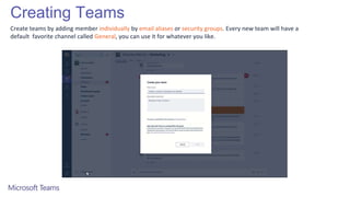 Creating Teams
Create teams by adding member individually by email aliases or security groups. Every new team will have a
default favorite channel called General, you can use it for whatever you like.
 