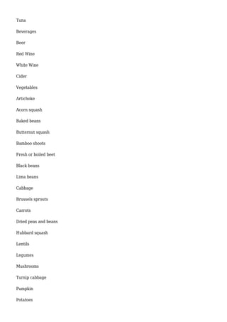 Tuna
Beverages
Beer
Red Wine
White Wine
Cider
Vegetables
Artichoke
Acorn squash
Baked beans
Butternut squash
Bamboo shoots
Fresh or boiled beet
Black beans
Lima beans
Cabbage
Brussels sprouts
Carrots
Dried peas and beans
Hubbard squash
Lentils
Legumes
Mushrooms
Turnip cabbage
Pumpkin
Potatoes
 