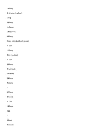 148 mg
Artichoke (cooked)
1 cup
595 mg
Molasses
1 teaspoon
498 mg
Apple juice (without sugar)
½ cup
125 mg
Beet (cooked)
½ cup
655 mg
Brazil nuts
2 ounces
340 mg
Banana
1
422 mg
Broccoli
½ cup
143 mg
Egg
1
55 mg
Avocado
 