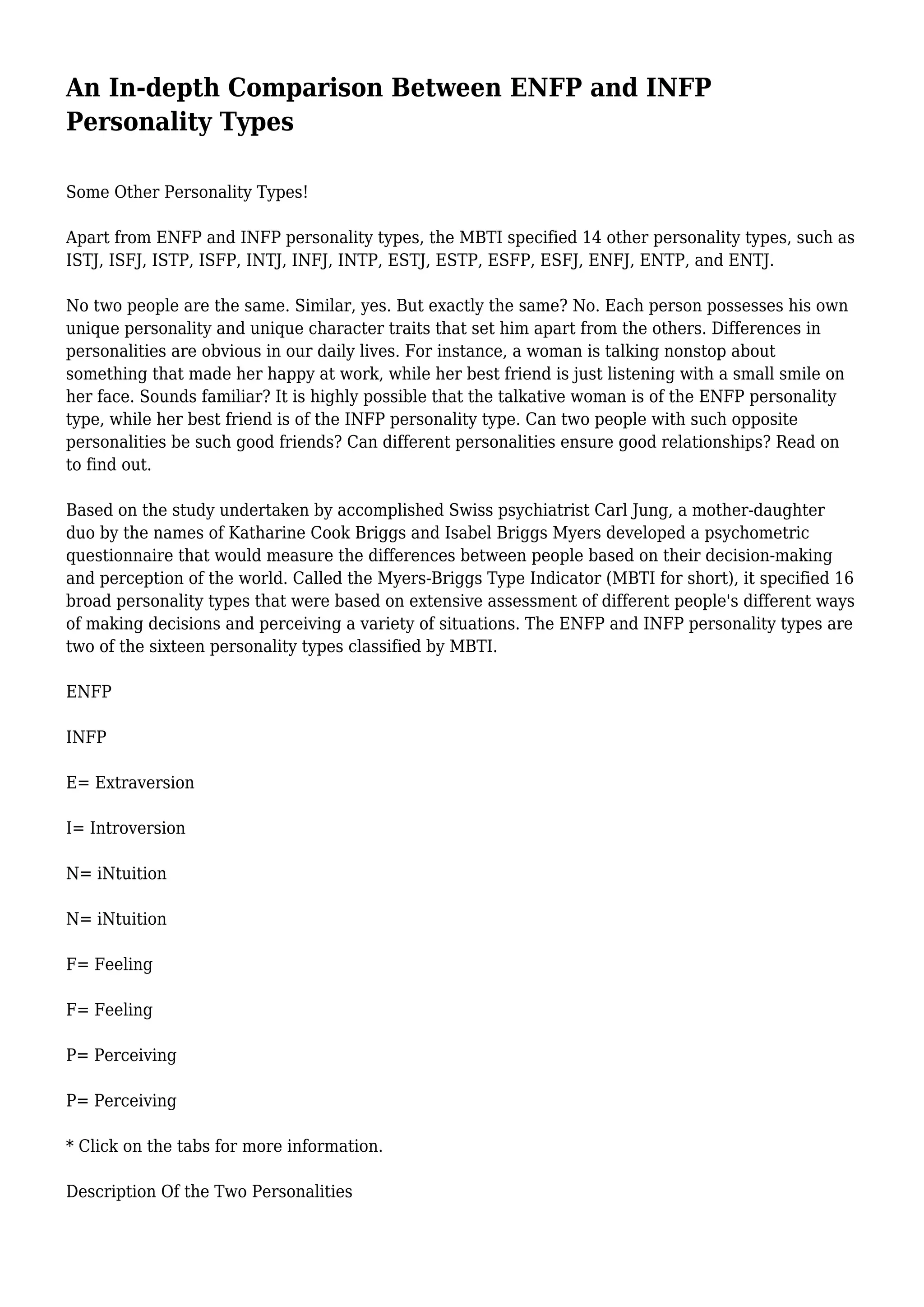 An In-depth Comparison Between ENFP and INFP Personality Types | PDF