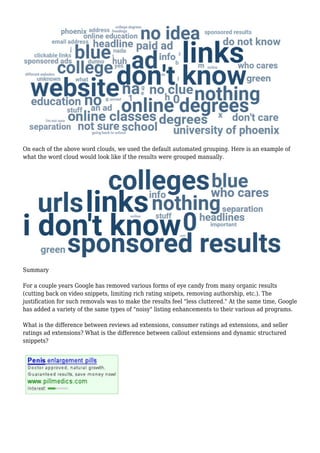On each of the above word clouds, we used the default automated grouping. Here is an example of
what the word cloud would look like if the results were grouped manually.
Summary
For a couple years Google has removed various forms of eye candy from many organic results
(cutting back on video snippets, limiting rich rating snipets, removing authorship, etc.). The
justification for such removals was to make the results feel "less cluttered." At the same time, Google
has added a variety of the same types of "noisy" listing enhancements to their various ad programs.
What is the difference between reviews ad extensions, consumer ratings ad extensions, and seller
ratings ad extensions? What is the difference between callout extensions and dynamic structured
snippets?
 