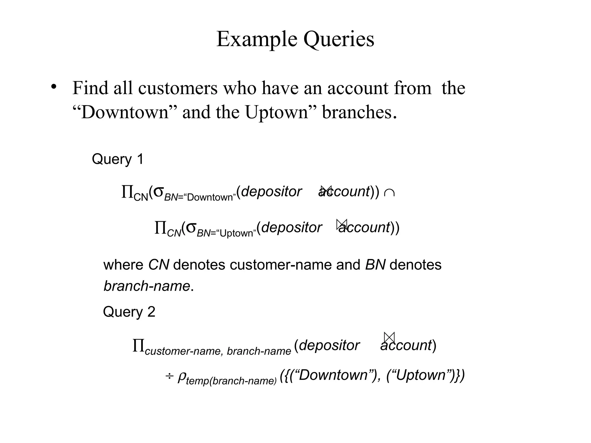 Example Queries
• Find all customers who have an account from the
“Downtown” and the Uptown” branches.
where CN denotes customer-name and BN denotes
branch-name.
Query 1
∏CN(σBN=“Downtown”(depositor account)) ∩
∏CN(σBN=“Uptown”(depositor account))
Query 2
∏customer-name, branch-name (depositor account)
÷ ρtemp(branch-name) ({(“Downtown”), (“Uptown”)})
 