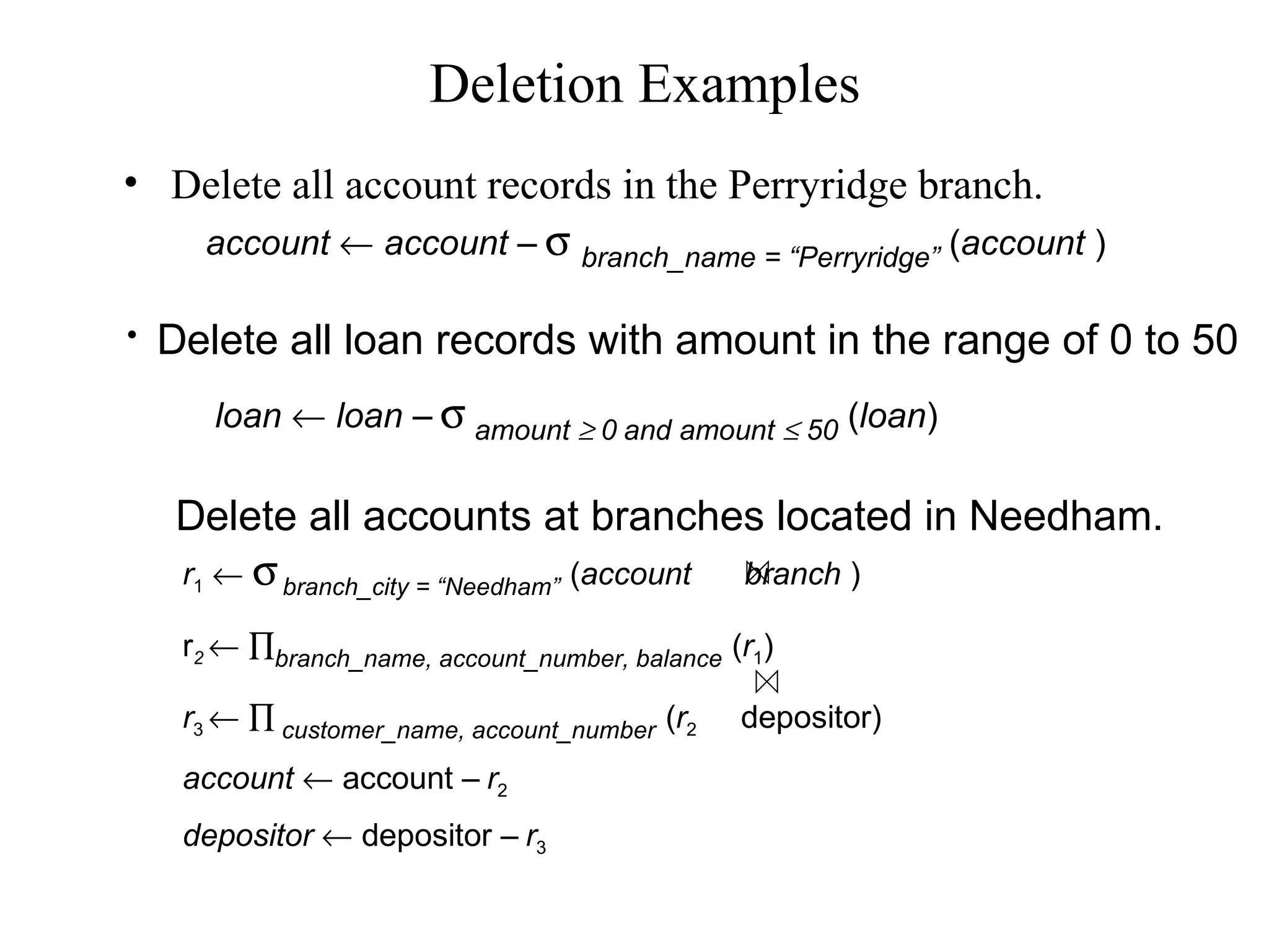 Deletion Examples
• Delete all account records in the Perryridge branch.
Delete all accounts at branches located in Needham.
r1 ← σbranch_city = “Needham” (account branch )
r2 ← ∏branch_name, account_number, balance (r1)
r3 ← ∏ customer_name, account_number (r2 depositor)
account ← account – r2
depositor ← depositor – r3
• Delete all loan records with amount in the range of 0 to 50
loan ← loan – σ amount ≥ 0 and amount ≤ 50 (loan)
account ← account – σ branch_name = “Perryridge” (account )
 