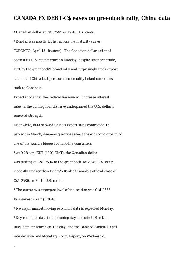 Canada Fx Debt C Eases On Greenback Rally China Data - 