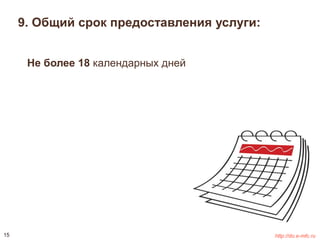 9. Общий срок предоставления услуги: 
Не более 18 календарных дней 
15 http://do.e-mfc.ru 
 