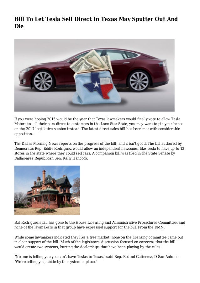 bill to let tesla sell direct in texas may sputter out and die