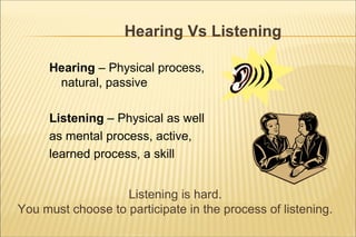 Hearing Vs Listening
Hearing – Physical process,
natural, passive
Listening – Physical as well
as mental process, active,
learned process, a skill
Listening is hard.
You must choose to participate in the process of listening.
 