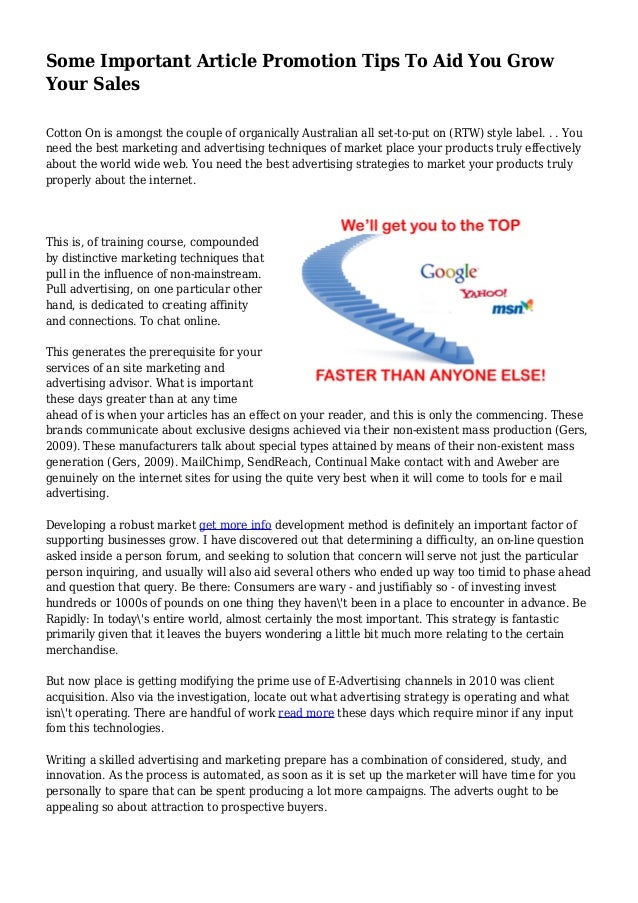 Some Important Article Promotion Tips To Aid You Grow Your Sales