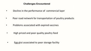 Challenges Encountered
• High priced and poor quality poultry feed
• Poor road network for transportation of poultry products
• Problems associated with expired vaccines
• Decline in the performance of commercial layer
• Egg glut associated to poor storage facility
 