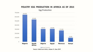 650,000
535,000
308,000 310,000
272,000
97,000
0
100,000
200,000
300,000
400,000
500,000
600,000
700,000
Nigeria South
Africa
Algeria Egypt Morocco Kenya
Egg Production
African Countries
POULTRY EGG PRODUCTION IN AFIRICA AS OF 2013
Source: Sahel news letter, volume 11. June 2015
 