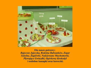 Oto nasze potrawy:  Bajeczne Jajeczka, Rodzina Bałwanków, Zegar Szkolny, Żaglówki, Nadziewane Muchomorki, Pływające Gwiazdki, Ogórkowy Krokodyl   i ozdobne kanapki oraz koreczki. 