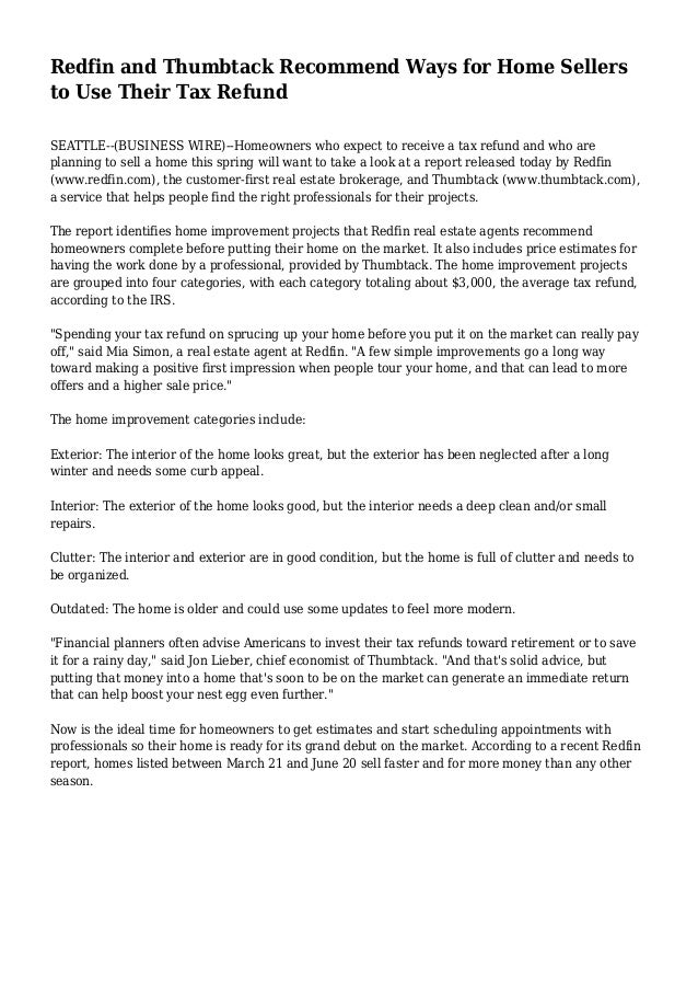 Redfin and Thumbtack Ways for Home Sellers to Use Their Tax