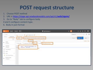 POST request structure
1. Choose POST method
2. URL is https://stage-api.newbookmodels.com/api/v1/auth/signin/
3. Go to “Body” tab to configure body
4 and 5 configure content-type.
6. Body in json format
 