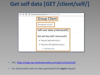 Get self data [GET /client/self/]
• URL: https://stage-api.newbookmodels.com/api/v1/client/self/
• For authorization will use token generated from Signin request.
 