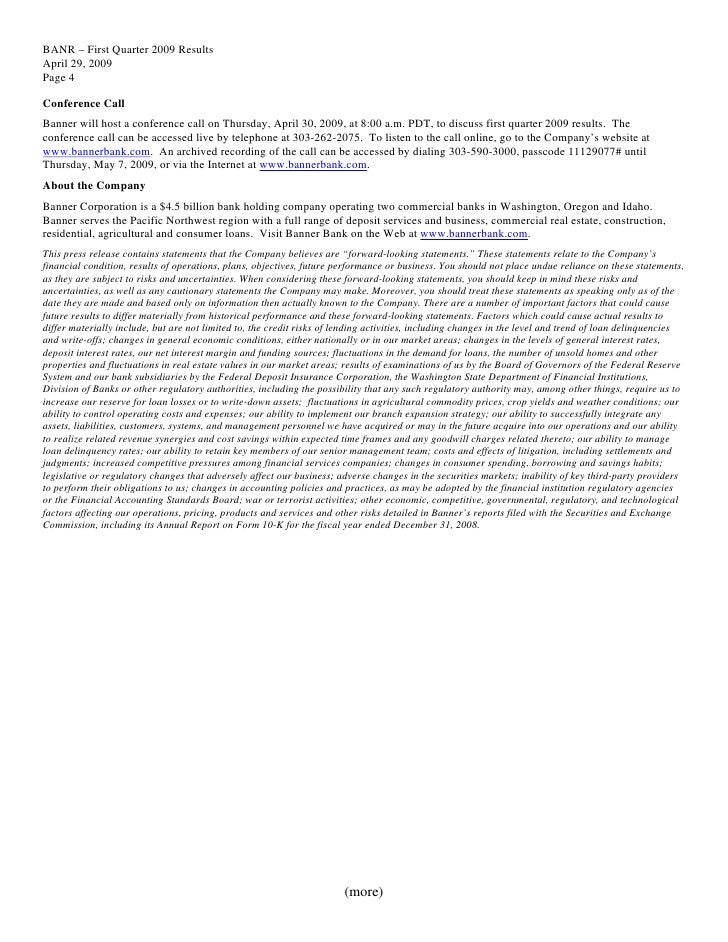 Q1 2009 Earning Report Of Banner Corp