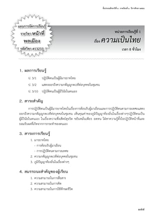 ชั้นประถมศึกษาปีที่ ๓  ภาคเรียนที่ ๑  ปีการศึกษา ๒๕๕๘
175
หน่วยการเรียนรู้ที่ 1
เรื่อง ความเป็นไทย
เวลา 8 ชั่วโมง
แผนการจัดการเรียนรู้
รายวิชา หน้าที่
พลเมือง
รหัสวิชา ส13233
1. ผลการเรียนรู้
ป. 3/1	 ปฏิบัติตนเป็นผู้มีมารยาทไทย
ป. 3/2	 แสดงออกถึงความกตัญญูกตเวทีต่อบุคคลในชุมชน
ป. 3/10	 ปฏิบัติตนเป็นผู้มีวินัยในตนเอง
2. สาระสำ�คัญ
การปฏิบัติตนเป็นผู้มีมารยาทไทยในเรื่องการต้อนรับผู้มาเยือนและการปฏิบัติตนตามกาลเทศะแสดง
ออกถึงความกตัญญูกตเวทีต่อบุคคลในชุมชน เห็นคุณค่าของภูมิปัญญาท้องถิ่นในเรื่องต่างๆปฏิบัติตนเป็น
ผู้มีวินัยในตนเอง ในเรื่องความซื่อสัตย์สุจริต ขยันหมั่นเพียร อดทน ใฝ่หาความรู้ตั้งใจปฏิบัติหน้าที่และ
ยอมรับผลที่เกิดจากการกระทำ�ของตนเอง
3. สาระการเรียนรู้
	 1.	มารยาทไทย
	 	-	การต้อนรับผู้มาเยือน
	 	-	การปฏิบัติตนตามกาลเทศะ
	 2.	ความกตัญญูกตเวทีต่อบุคคลในชุมชน
	 3.	ภูมิปัญญาท้องถิ่นในเรื่องต่างๆ
4. สมรรถนะสำ�คัญของผู้เรียน
	 1.	ความสามารถในการสื่อสาร
	 2.	ความสามารถในการคิด
	 3.	ความสามารถในการใช้ทักษะชีวิต
 
