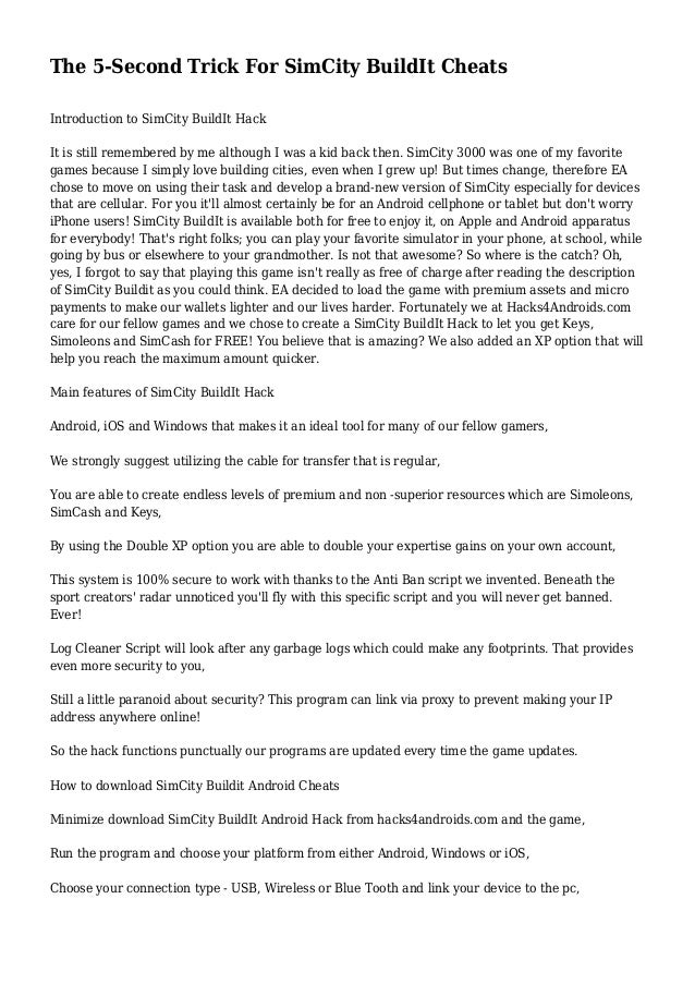 The 5 Second Trick For Simcity Buildit Cheats