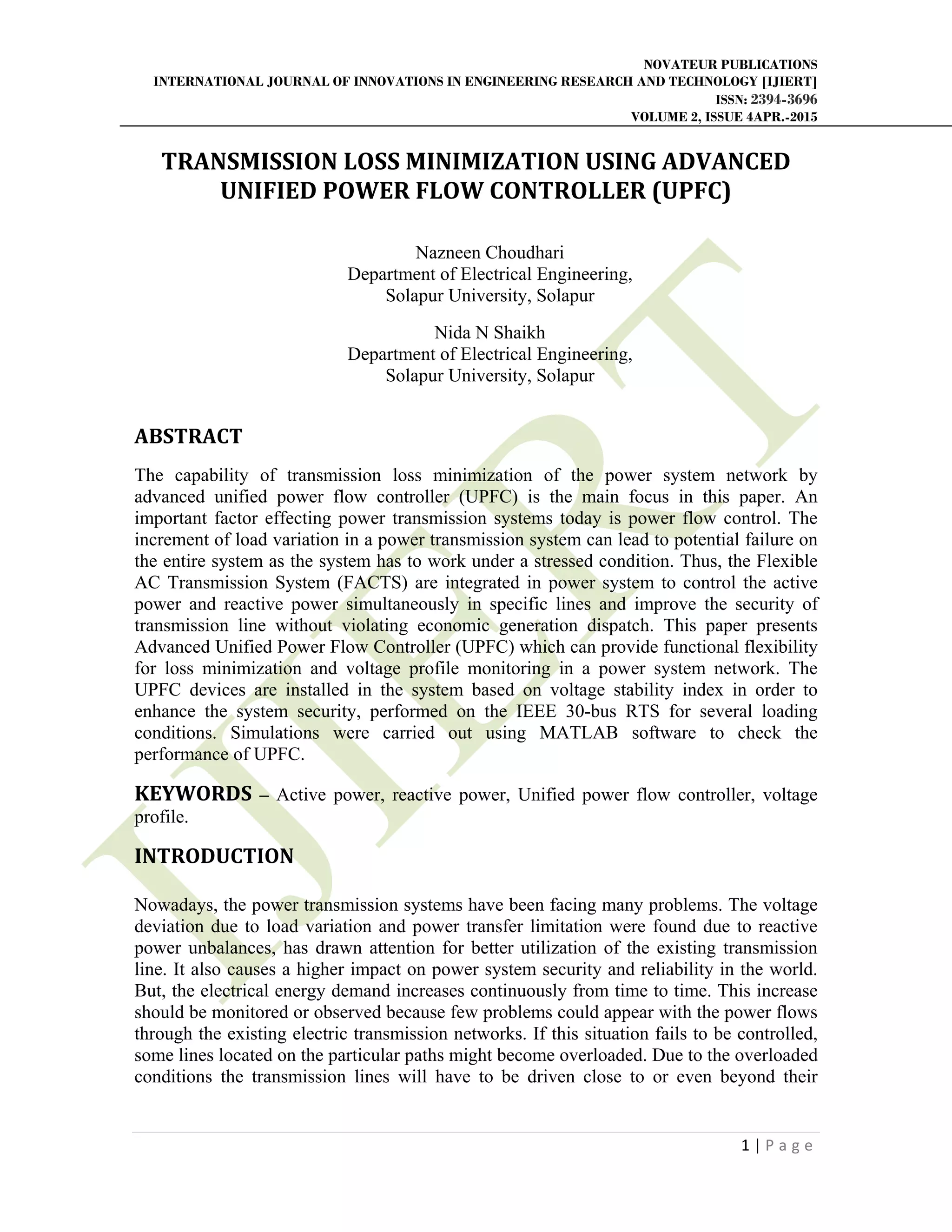 TRANSMISSION LOSS MINIMIZATION USING ADVANCED UNIFIED POWER FLOW