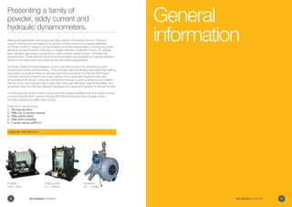 CHOOSE THE BEST FIT
General
information
Presenting a family of
powder, eddy current and
hydraulic dynamometers.
Braking dynamometers are measuring class, electro-mechanical devices. They are
used for artificial load simulation on a variety of prime movers and passive elements.
Go Power Systems’ range of dynamometers serve the testing needs of driving and driven
elements for performance verification or design validation of electric motors, IC engines,
fans, blowers, gear-motor combinations, servo motors, starter motors, clutches and
transmissions. Three different forms of dynamometers are presented for optimal selection
based on the test points and torque-power absorbing requirements.
Go Power System’s have intelligent control units that provide cme excitation to eddy
current and powder dynamometers. The controller uses an infinitely adjustable load setting
input either by potentiometer or external load reference signal. An internal DSP based
controller performs closed-loop torque control of the associated dynamometer and
annunciates limit values. Computer connectivity through a communications port enables
remote control and sequencing of cyclic tests with user-definable, load-time profiles. The
generated data can then be captured, displayed and retrieved in graphic or tabular formats.
For the hydraulic dynamometers, there are three options available from the simple manual
control of the VS-3XXX valves to the full GPS 6000 Data Acquisition System which
provides closed loop water valve control.
There are 4 combinations:
1. VS manual valve
2. TMS-OIL in remote manual
3. TMS w/EPS-6000
4. TMS w/V4 controller
5. F series valves w/EPS-6*
Powder
0.25 – 24kw
Eddy current
0.1 – 340kw
Hydraulic
75 – 1,100kw
2 GO POWER SYSTEMS 3GO POWER SYSTEMS
 