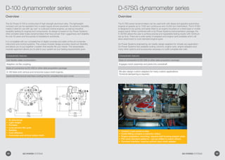Bi-directional.•	
Light weight.•	
Portable.•	
Long service-life cycle.•	
Reliable.•	
Cost effective.•	
Horizontal and vertical output shaft.•	
Control: Load varied at Inlet.•	
Outlet fitting contains a restrictor orifice.•	
Engine adaptation mounting: requires bell housing adapter plate.•	
Fits most standard patterns – can be drilled to match others.•	
Flywheel interface: requires splined input shaft adapter•	
D-100 dynamometer series
Overview
The Go Power D-100 is constructed of high strength aluminium alloy. The lightweight
compact unit can be operated from a water supply almost anywhere. Its extreme versatility
makes it ideal for use with ‘go-cart’ or outboard marine engines, as well as industrial
durability testing for engines and components. Its design is based on Go Power Systems’
other portable water brake dynamometers that have proven their ruggedness and reliability
for over 50 years and thousands of installations worldwide.
It is compatible with our complete line of digital consoles and state-of-the-art computer
instrument and control systems. This unique modular design provides maximum flexibility
and allows you to put together a system that exactly fits your needs. This expandable,
modular approach allows you to add to your system as your testing requirements grow.
D-57SG dynamometer series
Overview
The D-7SG series dynamometers can be used both with diesel and gasoline automotive
engines at speeds up to 7,500 rpm continuous and 10,000 rpm intermittent. The D-57SG
is designed to be quickly and easily fitted to an engine mounted on a fixed base or mobile
engine stand. When combined with a Go Power Systems instrumentation package, the
D-357SG allows the user to achieve precise and repeatable testing results with minimum
set up time. There are a wide variety of adapters and engine carts available which will
allow attachment to most standard engine types.
Go Power Systems engineering can readily design adapters for virtually any application.
Go Power Systems has available cooling columns, engine carts, engine adapters and
many other options and accessories necessary to outfit complete test cells.
Characteristic features
Low facility water consumption.
Adaption via flex coupling.
Ease of connection to DC-200 or other data acquisition package.
D-100 tests both vertical and horizontal output shaft engines.
(optional) Mechanical seal feed cooling line for unloaded free spin mode.
Characteristic features
Ease of connection to DC-200 or other data acquisition package.
Engages clutch assembly and pilots into crankshaft.
We also design custom adapters for many custom applications.
Torsional dampening is required.
58 GO POWER SYSTEMS 59GO POWER SYSTEMS
 