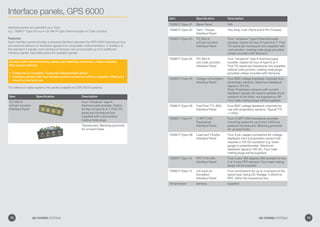 Interface panels, GPS 6000
Interface panels are specified as a Type.
e.g. 7308017 Type-03 is a 4-Ch Mini K type thermocouple w/ Cold Junction.
Features:
Each interface panel provides a physical interface between the GPS-6000 transducer box
and external sensors or feedback signals from proprietary instrumentation. In addition to
the standard X panels, tach transducer Boxcan can accomodate up to 6 additional
interface panels. See table below for available panels.
Sensors with interconnecting cables and matching connector, unless included.
(See sensor options)
Customer to complete ‘Customer Requirement Sheet’•	
Interface panels with four female socket connectors will be supplied, fitted and•	
wired to interface box
The reference table explains the panels available for GPS 6000 systems.
Item Specification Description
T/C Mini K
w/Cold Junction
Interface Panel
Four “miniature” type K
thermocouple sockets. Option
for four of type N or T. First T/C
panel per transducer box
supplied with cold junction.
mating male plugs
Transducers. Blanking grommet
for unused holes.
Item Specification Description
7308017-Type-01 Blank Panel N/A
7308017-Type-02 Tach / Torque
Interface Panel
Two Amp 4 pin (Tach) and 6 Pin (Torque)
7308017-Type-03 T/C Mini K
w/Cold Junction
Interface Panel
Four “miniature” type K thermocouple
sockets. Option for four of type N or T. First
T/C panel per transducer box supplied with
cold junction. (mating male plugs provided
unless included with Sensors)
7308017-Type-04 T/C Mini K
w/o Cold Junction
Interface Panel
Four “miniature” type K thermocouple
sockets. Option for four of type N or T.
First T/C panel per transducer box supplied
without cold junction. (mating male plugs
provided unless included with Sensors)
7308017-Type-05 Voltage w/Excitation
Interface Panel
Four BNC voltage feedback channels from
proprietary sensors. Maximum feedback
signal is 10V DC.
Note: Proprietary sensors with current
feedback signals will require suitable shunt
resistors to be fitted, not supplied by GP.
Four male mating plugs will be supplied.
7308017-Type-06 Fuel Flow TTL BNC
Interface Panel
Four BNC voltage feedback channels for
use with proprietary sensors. Typical TTL
+/-5Vdc.
7308017-Type-07 ¼ NPT CAN
Transducer
Interface Panel
Four-¼ NPT CAN transducer provides
mounting space for up to four CAN bus
pressure transducers. Blanking grommet
for unused holes.
7308017-Type-08 Load and Throttle
Interface Panel
Four 4-pin Jaeger connectors for voltage
feedback from a proprietary sensor that
requires a 10V DC excitation e.g. strain
gauge or potentiometer. Maximum
feedback signal is 10V DC. Four male
mating plugs will be supplied.
7308017-Type-12 PRT 5 Pin DIN
Interface Panel
Four 5-pin, 180-degree, DIN sockets for any
2 or 3 wire PRT sensors. Four male mating
plugs will be supplied.
7308017-Type-13 mA Input w/
Excitation
Interface Panel
Four connections for up to 4 sensors of the
same type, being DC Voltage, 4-20mA or
PRT, within the transducer box.
Temperature sensors. supplied.
78 GO POWER SYSTEMS 79GO POWER SYSTEMS
 