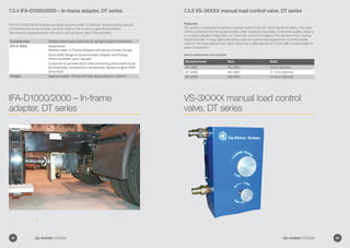 7.3.4 IFA-D1000/2000 – In-frame adapter, DT series
The IFA D1000/2000 enables portable dynamometer “In-Vehicle” engine testing directly
connecting the dynamometer via drive shaft to the truck’s engine/transmission.
The inframe adapterbracket clamps to vehicle frame rails in the driveline.
Construction Welded steel base with bolt-on upright support stanchion
IFA-D X000 Assemblies
Welded steel, In Frame Adapter and dynamometer fixings.
Drive shaft flange to dynamometer adapter and fixings,
others available upon request.
Customer to provide short interconnecting drive shaft (must
be torsionally compliant) to temporarily replace engine OEM
drive shaft
Weight Approximately 100 kg (220 lbs) depending on options
IFA-D1000/2000 – In-frame
adapter, DT series
7.3.5 VS-3XXXX manual load control valve, DT series
Features:
The system is designed to achieve manual control of the DT- X000 dynamometers. The valve
unit is connected into the dynamometer water supply.Incorporates 2 industrial-quality valves in
a compact parallel configuration to maximize control throughout the dynamometer testing
range.Includes: A large globe throttling valve for coarse load adjustment  small needle
valve for fine load adjustment. Each valve has a billet-aluminium knob with knurled edge for
ease of operation.
Inlet  outlet hoses not included.
Dynamometer Item Barb
DT-1000 VS-3201 (1.0 in (25mm)
DT-2000 VS-3301 (1-1/4 in (30mm)
DT-3000 VS-3301 (1-1/4 in (30mm)
VS-3XXXX manual load control
valve, DT series
92 GO POWER SYSTEMS 93GO POWER SYSTEMS
 