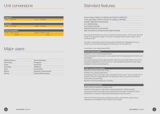 Unit conversions Standard features
Military/Defence Power Generation
Automotive Aerospace
Diesel Agriculture
Truck/Bus Oil/Mining
Fleet Construction
Marine Research & Development
Racing Overhaul/Maintenance
Major users
Torque (T)
1 Nm = .737 lb-ft 1 lb-ft = 1.356 Nm
Power (P)
1 kW = 1.341 Bhp 1 Bhp = 0.746 kW
Power Calculations
P kW = T Nm * N rpm P Bhp = T lb-ft * N rpm
9549.3 5,252
Torque ratings: 0.10 Nm to 4,800 Nm (0.07 lbf-ft) to 3,500 lbf-ft)
Power absorption 100 W to 1,120 kW. (0.13 Bhp to 1,500 Bhp)
Smooth, adjustable braking torque
Low residual torque
Low moment of inertia
Integrated speed & torque sensors.
High-end electronic programmable digital controller
All of our dynamometers are reaction-type force sensing devices. All load cells utilize full
bridge strain gauge technology. The speed is detected using a toothed wheel with an
inductive sensor.
The water-cooled eddy current dynamometers are fitted with integratted sensors to
shutdown and are protected against overheating and loss of water flow.
In summary, it can be generalized that:
Powder Dynamometers
Suitable for low to medium speed loading.
Torque developed extends down to zero speed. Nominal torque specified is limited up to
rated speed.
Can be operated beyond the rated speed at reduced torque levels limited by the power
dissipating capabilities up to the maximum value, separately specified for each rating.
Suitable for horizontal mounting only.
Eddy current Dynamometers
Magnetic flux field is the brake media.
Suitable for all, loading applications.
Specifications refer to the peak torque developed at base speed.. Recommended for IC
engines, motors for testing between mid-high speed ranges, blowers and machines
having turbo characteristics.
Significant torque developed at low speeds
Hydraulic Dynamometers
Water is both the brake and cooling media.
Suitable for high speed or high torque, loading applications. (Series specific).
Specifications refer to the peak torque developed at base speed. Suitable for power
measurement of engines or gearboxes testing peak torque and power.
Refer to ••••• which describes operating principles, characteristics, performance
capabilities and limitations of each type of dynamometer.
6 GO POWER SYSTEMS 7GO POWER SYSTEMS
 