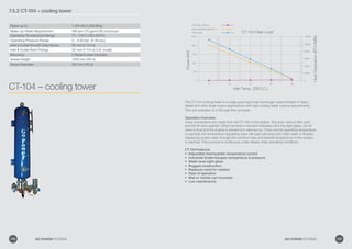 7.5.2 CT-104 – cooling tower
CT-104 – cooling tower
Rated up to 1,120 kW (1,500 Bhp)
Make-Up Water Requirement 285 lpm (75 gpm/US) maximum
Operating Temperature Range 71 - 110°C (162-230°F)
Operating Pressure Range 0 – 3.50 bar (0-50 psi.)
Inlet  Outlet Shutoff Gate Valves 32 mm (1-1/4 in)
Inlet  Outlet Barb Fittings 32 mm (1-1/4 in) O.D. (male)
Mounting 2 Welded steel brackets
Vessel Height 1200 mm (48 in)
Vessel Diameter 254 mm (10 in)
HeatDissipation(BTU/MIN)
Power(kW)
CT-104 Heat Load
Inlet Temp. (DEG.C.)
0
500
1000
1500
2000
2500
15 20 25 30 35
0
120000
100000
80000
60000
40000
20000
Inlet Temp. (Deg.c.)
Heat Dissipation (Btu/min.)
Power (Kw)
The CT-104 cooling tower is a single pass type heat exchanger used primarily in heavy
diesel and other large engine applications with high cooling water volume requirements.
This unit operates on a through-flow principle.
Operation Overview:
Hose connections are made from the CT-104 to the engine. The drain valve is then shut
and the fill valve opened. When the level in the tank indicates full in the sight glass, the fill
valve is shut and the engine is started and warmed up. Once normal operating temperature
is reached, the temperature regulating valve will open allowing cold, fresh water in thereby
displacing cycled water through the overflow tube until desired temperature of the system
is reached. This process is continuous under steady-state operating conditions.
CT 104 Features:
Adjustable thermostatic temperature control•	
Industrial Grade Gauges: temperature  pressure•	
Water level sight glass•	
Rugged construction•	
Replaces need for radiator•	
Ease of operation•	
Wall or mobile cart mounted•	
Low maintenance•	
100 GO POWER SYSTEMS 101GO POWER SYSTEMS
 