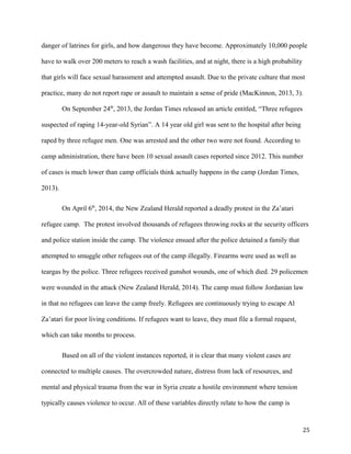 danger of latrines for girls, and how dangerous they have become. Approximately 10,000 people
have to walk over 200 meters to reach a wash facilities, and at night, there is a high probability
that girls will face sexual harassment and attempted assault. Due to the private culture that most
practice, many do not report rape or assault to maintain a sense of pride (MacKinnon, 2013, 3).
On September 24th
, 2013, the Jordan Times released an article entitled, “Three refugees
suspected of raping 14-year-old Syrian”. A 14 year old girl was sent to the hospital after being
raped by three refugee men. One was arrested and the other two were not found. According to
camp administration, there have been 10 sexual assault cases reported since 2012. This number
of cases is much lower than camp officials think actually happens in the camp (Jordan Times,
2013).
On April 6th
, 2014, the New Zealand Herald reported a deadly protest in the Za’atari
refugee camp. The protest involved thousands of refugees throwing rocks at the security officers
and police station inside the camp. The violence ensued after the police detained a family that
attempted to smuggle other refugees out of the camp illegally. Firearms were used as well as
teargas by the police. Three refugees received gunshot wounds, one of which died. 29 policemen
were wounded in the attack (New Zealand Herald, 2014). The camp must follow Jordanian law
in that no refugees can leave the camp freely. Refugees are continuously trying to escape Al
Za’atari for poor living conditions. If refugees want to leave, they must file a formal request,
which can take months to process.
Based on all of the violent instances reported, it is clear that many violent cases are
connected to multiple causes. The overcrowded nature, distress from lack of resources, and
mental and physical trauma from the war in Syria create a hostile environment where tension
typically causes violence to occur. All of these variables directly relate to how the camp is
25
 