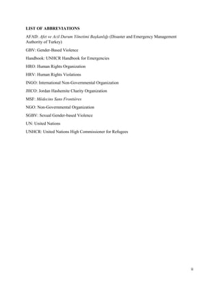 LIST OF ABBREVIATIONS
AFAD: Afet ve Acil Durum Yönetimi Başkanlığı (Disaster and Emergency Management
Authority of Turkey)
GBV: Gender-Based Violence
Handbook: UNHCR Handbook for Emergencies
HRO: Human Rights Organization
HRV: Human Rights Violations
INGO: International Non-Governmental Organization
JHCO: Jordan Hashemite Charity Organization
MSF: Médecins Sans Frontières
NGO: Non-Governmental Organization
SGBV: Sexual Gender-based Violence
UN: United Nations
UNHCR: United Nations High Commissioner for Refugees
ii
 