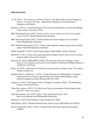 BIBLIOGRAPHY
Ay, M. (2014). “The Emergency and Disaster Reports: The Mass Influx of Syrian Refugees to
Turkey”. University of Oviedo – Department of Medicine Unit for Research in
Emergency and Disaster
Barakat, S. (2012). ‘A Field Study Report: The Case of Syrian Refugees in the Za’atari Refugee
Camp, Jordan’. University of York.
BBC Monitoring Europe. (2013). “Border bombers say also planned to bomb Syrian refugee
camp in Turkey”. British Broadcasting Corporation.
BBC Monitoring Europe. (2012). “Turkish premier tells Syrian refugees not to lose hope”.
British Broadcasting Corporation.
BBC Worldwide Monitoring. (2012). “Turkey builds temporary refugee camp on Syrian border -
agency" British Broadcasting Corporation.
Belfast Telegraph, O. (2013). Syrian Camp refugees Attack Helpers. Belfast Telegraph.
Blackwell, T. (2013). Syrian crisis spawns permanent refugees; Horror stories of civil war from
camp in Jordan. National Post Canada.
Bricocoli, M. (2014). IMPROMPTU CITIES. The Planning and Design of Refugee Camps:
Between Crisis Response and Long Term Development. Politecnico Di Milano Faculty of
Architecture and Society.
Bulley, D. (2014). “Inside the tent: Community and government in refugee camps” The Authors.
Northern Ireland, UK.
Buckley-Zistel, S. and Krause, U. (2013). “Gender Relations in Confined Spaces. Conditions,
Scope and Forms of Violence against Women in Conflict-related Refugee Camps”.
German Foundation for Peace Research DSF 2013-2016.
Cagaptay, S. (2013). “The Impact of Syria’s Refugees on Southern Turkey”. The Washington
Institute for Near East Policy.
Cihan News Agency. (2013). “UN official says Turkey accommodates Syrian refugees better
than UN”. Cihan News Agency.
Daily Star Lebanon, The. (2015). Author’s Page: Mohammed Zaatari. Web.
http://www.dailystar.com.lb/Mohammed-Zaatari.ashx
Dalmasso, E. (2014). Kilis Refugee’s Camp. Parallelozero. Milan
DOH Duhok. (2014). “Detailed Indicator Report: Domiz Camp” DOH Duhok and UNHCR.
Domiz Camp Profile. (2015). “Domiz 1 Camp Profile: Inter-Sector/Agency Interventions”
UNHCR.
43
 