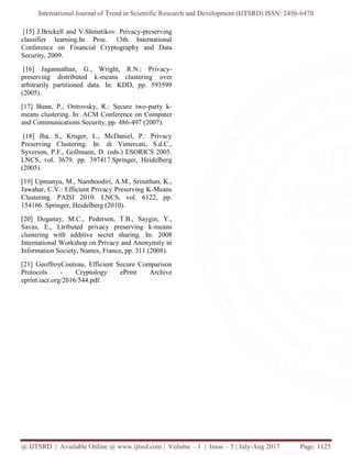 International Journal of Trend in Scientific Research and Development (IJTSRD) ISSN: 2456-6470
@ IJTSRD | Available Online @ www.ijtsrd.com | Volume – 1 | Issue – 5 | July-Aug 2017 Page: 1125
[15] J.Brickell and V.Shmatikov. Privacy-preserving
classifier learning.In Proc. 13th International
Conference on Financial Cryptography and Data
Security, 2009.
[16] Jagannathan, G., Wright, R.N.: Privacy-
preserving distributed k-means clustering over
arbitrarily partitioned data. In: KDD, pp. 593599
(2005).
[17] Bunn, P., Ostrovsky, R.: Secure two-party k-
means clustering. In: ACM Conference on Computer
and Communications Security, pp. 486-497 (2007).
[18] Jha, S., Kruger, L., McDaniel, P.: Privacy
Preserving Clustering. In: di Vimercati, S.d.C.,
Syverson, P.F., Gollmann, D. (eds.) ESORICS 2005.
LNCS, vol. 3679, pp. 397417.Springer, Heidelberg
(2005).
[19] Upmanyu, M., Namboodiri, A.M., Srinathan, K.,
Jawahar, C.V.: Efficient Privacy Preserving K-Means
Clustering. PAISI 2010. LNCS, vol. 6122, pp.
154166. Springer, Heidelberg (2010).
[20] Doganay, M.C., Pedersen, T.B., Saygin, Y.,
Savas, E., Ltributed privacy preserving k-means
clustering with additive secret sharing. In: 2008
International Workshop on Privacy and Anonymity in
Information Society, Nantes, France, pp. 311 (2008).
[21] GeoffroyCouteau, Efficient Secure Comparison
Protocols - Cryptology ePrint Archive
eprint.iacr.org/2016/544.pdf.
 