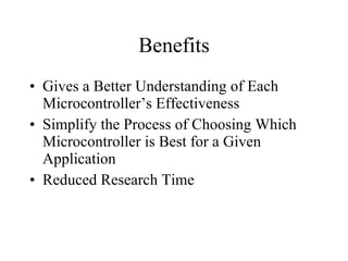 Benefits Gives a Better Understanding of Each Microcontroller’s Effectiveness  Simplify the Process of Choosing Which Microcontroller is Best for a Given Application Reduced Research Time 
