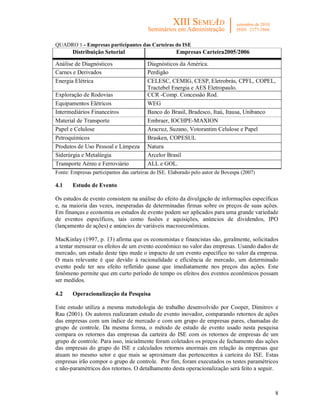 8
QUADRO 1 - Empresas participantes das Carteiras do ISE
Distribuição Setorial Empresas Carteira2005/2006
Análise de Diagnósticos Diagnósticos da América.
Carnes e Derivados Perdigão
Energia Elétrica CELESC, CEMIG, CESP, Eletrobrás, CPFL, COPEL,
Tractebel Energia e AES Eletropaulo.
Exploração de Rodovias CCR -Comp. Concessão Rod.
Equipamentos Elétricos WEG
Intermediários Financeiros Banco do Brasil, Bradesco, Itaú, Itausa, Unibanco
Material de Transporte Embraer, IOCHPE-MAXION
Papel e Celulose Aracruz, Suzano, Votorantim Celulose e Papel
Petroquímicos Brasken, COPESUL
Produtos de Uso Pessoal e Limpeza Natura
Siderúrgia e Metalúrgia Arcelor Brasil
Transporte Aéreo e Ferroviário ALL e GOL.
Fonte: Empresas participantes das carteiras do ISE. Elaborado pelo autor de Bovespa (2007)
4.1 Estudo de Evento
Os estudos de evento consistem na análise do efeito da divulgação de informações específicas
e, na maioria das vezes, inesperadas de determinadas firmas sobre os preços de suas ações.
Em finanças e economia os estudos de evento podem ser aplicados para uma grande variedade
de eventos específicos, tais como fusões e aquisições, anúncios de dividendos, IPO
(lançamento de ações) e anúncios de variáveis macroeconômicas.
MacKinlay (1997, p. 13) afirma que os economistas e financistas são, geralmente, solicitados
a tentar mensurar os efeitos de um evento econômico no valor das empresas. Usando dados de
mercado, um estudo deste tipo mede o impacto de um evento específico no valor da empresa.
O mais relevante é que devido à racionalidade e eficiência de mercado, um determinado
evento pode ter seu efeito refletido quase que imediatamente nos preços das ações. Este
fenômeno permite que em curto período de tempo os efeitos dos eventos econômicos possam
ser medidos.
4.2 Operacionalização da Pesquisa
Este estudo utiliza a mesma metodologia do trabalho desenvolvido por Cooper, Dimitrov e
Rau (2001). Os autores realizaram estudo de evento inovador, comparando retornos de ações
das empresas com um índice de mercado e com um grupo de empresas pares, chamadas de
grupo de controle. Da mesma forma, o método de estudo de evento usado nesta pesquisa
compara os retornos das empresas da carteira do ISE com os retornos de empresas de um
grupo de controle. Para isso, inicialmente foram coletados os preços de fechamento das ações
das empresas do grupo do ISE e calculados retornos anormais em relação às empresas que
atuam no mesmo setor e que mais se aproximam das pertencentes à carteira do ISE. Estas
empresas irão compor o grupo de controle. Por fim, foram executados os testes paramétricos
e não-paramétricos dos retornos. O detalhamento desta operacionalização será feito a seguir.
 