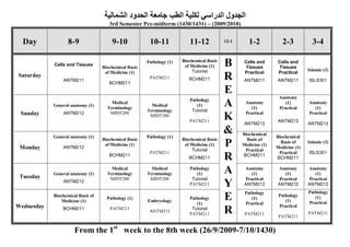 ‫اﻟﺠﺪول اﻟﺪراﺳﻲ ﻟﻜﻠﯿﺔ اﻟﻄﺐ ﺟﺎﻣﻌﺔ اﻟﺤﺪود اﻟﺸﻤﺎﻟﯿﺔ‬
                                      3rd Semester Pre-midterm (1430/1431) – (2009/2010)


  Day              8-9                 9-10             10-11             11-12            12-1      1-2            2-3           3-4

            Cells and Tissues
                                   Biochemical Basis
                                                       Pathology (1)   Biochemical Basis
                                                                        of Medicine (1)    B       Cells and
                                                                                                    Tissues
                                                                                                                 Cells and
                                                                                                                  Tissues
                                                                                                                                Islamic (3)
                                    of Medicine (1)                         Tutorial               Practical     Practical
Saturday
                ANTM211
                                      BCHM211
                                                        PATM211           BCHM211          R      ANTM211        ANTM211        ISLS301

                                                                                           E
                                                                                                                  Anatomy
                                                                          Pathology
            General anatomy (1)
                                       Medical
                                     Terminology
                                                         Medical
                                                       Terminology
                                                                             (1)
                                                                           Tutorial
                                                                                           A       Anatomy
                                                                                                      (1)
                                                                                                                     (1)
                                                                                                                  Practical
                                                                                                                                Anatomy
                                                                                                                                   (1)
 Sunday         ANTM212               MIDT200                                                      Practical                    Practical
                                                        MIDT200
                                                                          PATM211
                                                                                           K       ANTM212
                                                                                                                 ANTM212
                                                                                                                                ANTM212

            General anatomy (1)                        Pathology (1)
                                                                                           &      Biochemical
                                                                                                                 Biochemical
                                   Biochemical Basis                   Biochemical Basis            Basis of
 Monday         ANTM212
                                    of Medicine (1)                     of Medicine (1)
                                                                            Tutorial
                                                                                           P      Medicine (1)
                                                                                                   Practical
                                                                                                                   Basis of
                                                                                                                 Medicine (1)
                                                                                                                                Islamic (3)

                                                        PATM211                                                   Practical     ISLS301
                                      BCHM211
                                                                          BCHM211          R      BCHM211
                                                                                                                 BCHM211



 Tuesday
            General anatomy (1)
                                       Medical
                                     Terminology
                                                         Medical
                                                       Terminology
                                                                          Pathology
                                                                             (1)           A       Anatomy
                                                                                                      (1)
                                                                                                                 Anatomy
                                                                                                                    (1)
                                                                                                                                Anatomy
                                                                                                                                   (1)
                                      MIDT200           MIDT200            Tutorial                Practical     Practical      Practical
                ANTM212
                                                                          PATM211          Y       ANTM212       ANTM212        ANTM212
                                                                                                   Pathology                    Pathology
            Biochemical Basis of
                Medicine (1)
                                     Pathology (1)
                                                       Embryology
                                                                          Pathology
                                                                             (1)
                                                                                           E          (1)
                                                                                                   Practical
                                                                                                                  Pathology
                                                                                                                     (1)
                                                                                                                                   (1)
                                                                                                                                Practical
Wednesday                                                                                                         Practical
                BCHM211               PATM211
                                                        ANTM213
                                                                           Tutorial
                                                                          PATM211          R       PATM211
                                                                                                                  PATM211
                                                                                                                                PATM211


                      From the 1st week to the 8th week (26/9/2009-7/10/1430)
 