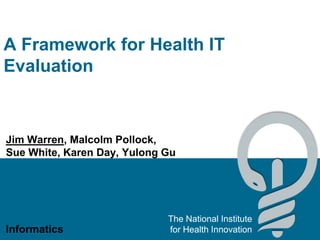 A Framework for Health IT
Evaluation



Jim Warren, Malcolm Pollock,
Sue White, Karen Day, Yulong Gu




                             The National Institute
Informatics                  for Health Innovation
 