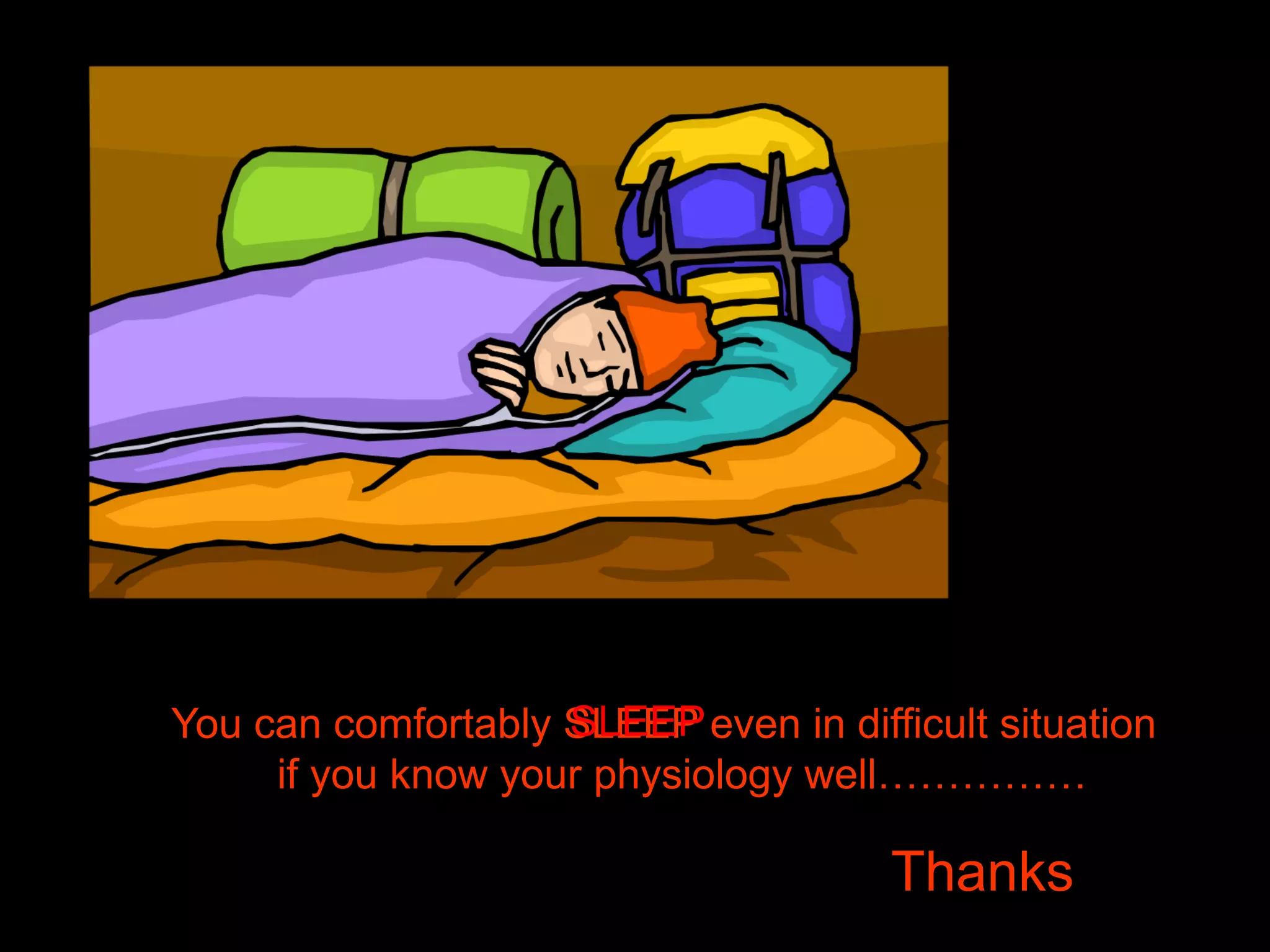 You can comfortably SLEEP even in difficult situation
if you know your physiology well……………
Thanks
SLEEP
 